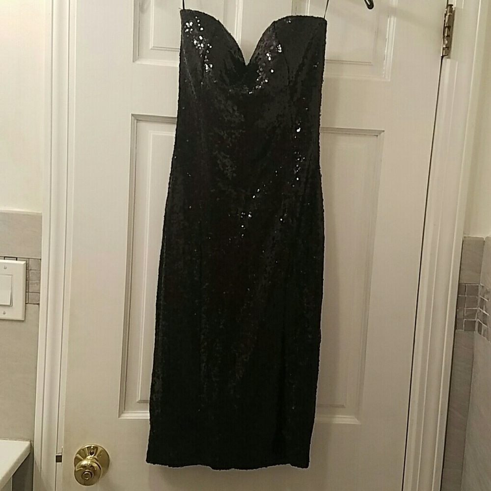 black strapless sequence dress with slit